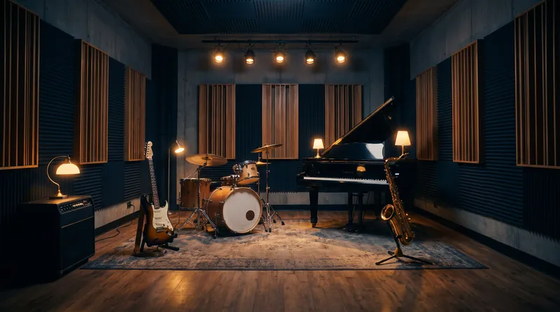 Strumenti in un'aula insonorizzata: chitarra, batteria, pianoforte, sassofono
