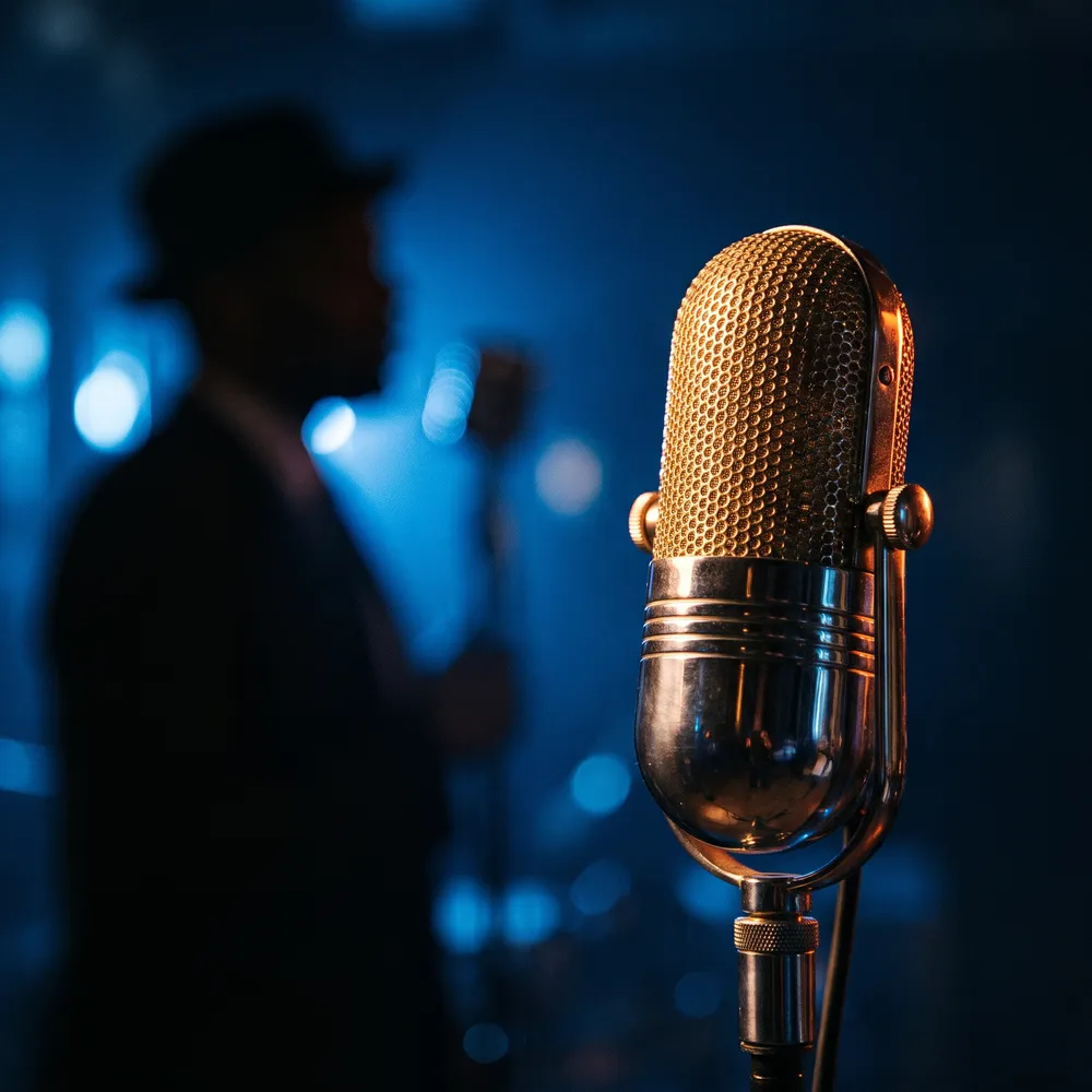 Cantante al microfono in penombra